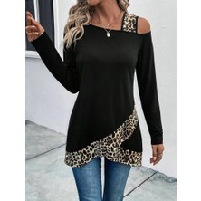 Kadın Tek O Uzdan Açık Askılı Uzun Kollu Leopar Detaylı Viskon Bluz