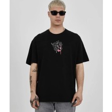 Unisex Bisiklet Yaka Baskılı Oversize T-Shirt - Siyah