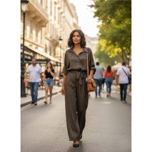 Ayshan Kemerli Çizgili Saten Pantolon