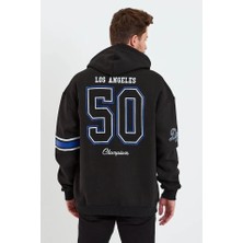 Erkek Baskılı Kapşonlu Üç Iplik Oversize Sweatshirt - Siyah