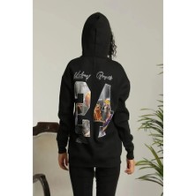 Baskılı Oversize Üç Iplik Kapüşonlu Sweatshirt - Siyah