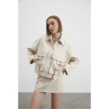 Ayshan Bej Oversize Tokalı Kargo Cepli Crop Ceket