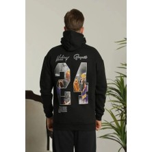 Erkek Baskılı Oversize Üç Iplik Kapüşonlu Sweatshirt - Siyah