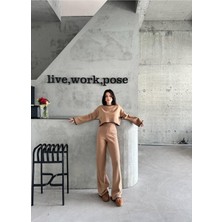 Ayshan Cappuccino Ribanalı Triko Crop Kazak ve Bol Paça Pantolon Takımı