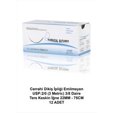 Atel-San Cerrahi Dikiş İpliği (İPEK) Emilmeyen Usp:2/0 (3 Metric) 3/8 Daire - Ters Keskin İğne 22MM - 75CM 12 Adet