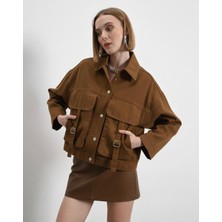 Ayshan Kahverengi Oversize Tokalı Kargo Cepli Crop Ceket