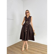 Ayshan Kahverengi Vintage Stil Kloş Kesim Uzun Kot Elbise