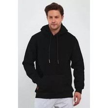 Defy Moda Erkek Uzun Kol Kapşonlu Basic Sweatshirt Hoodie - Siyah