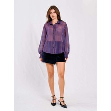 Ayshan Mürdüm Çizgili Bombeli Kol Şeffaf Tül Gömlek