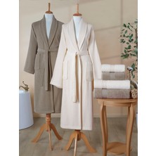 Ellaline 6 Parça Çizgili Bornoz Seti %100 Pamuk Sertifikalı, Şalyaka Aile Çeyizlik Bornoz Takımı Kahve Krem