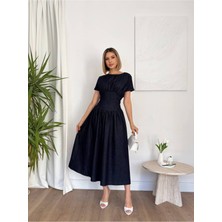 Ayshan Koyu Lacivert Beli Korse Görünümlü Büzgülü Kloş Denim Elbise