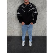 Yıldırım Baskılı Bisiklet Yaka Sweatshirt - Siyah