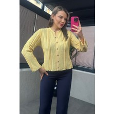 Mir Store Simli Ince Dokuma Detaylı Koyu Sarı Triko Hırka