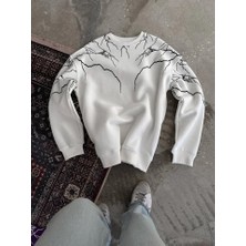 Yıldırım Baskılı Bisiklet Yaka Sweatshirt - Beyaz