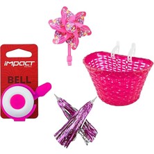 Sevimle Store Jant Uyumlu Kız Çocuk Bisikleti Aksesuar Seti Pembe(Püskül-Rüzgar Gülü-Ön Sepet-Zil)