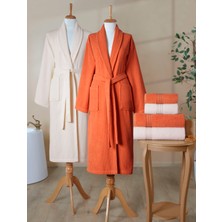 Ellaline 6 Parça Çizgili Bornoz Seti %100 Pamuk Sertifikalı Aile Havlu Bornoz Takımı Çeyiz Seti Turuncu Krem