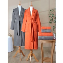 Ellaline 6 Parça Çizgili Bornoz Seti %100 Pamuk Sertifikalı, Şalyaka Aile Çeyizlik Bornoz Takımı Gri Turuncu