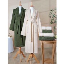 Ellaline 6 Parça Çizgili Bornoz Seti %100 Pamuk Sertifikalı Aile Havlu Bornoz Takımı Çeyiz Seti Krem - Yeşil