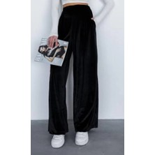 Defy Moda Kadın Yüksek Ben Beli Lastik Detay Kadife Kumaş Bol Paça Pantolon