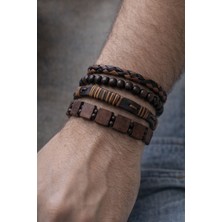 Huma Butik Takı Aksesuar Erkek Kahverengi Deri & Ahşap Detaylı Bileklik Seti (4’lü)