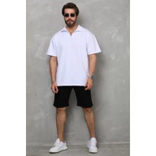 Unisex Yarım Fermuarlı Düz Oversize T-Shirt - Beyaz