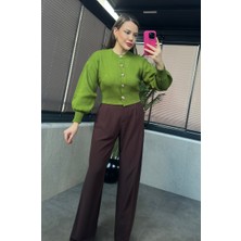 Mir Store Yeşil Balon Kollu Çiçek Düğme Detaylı Kısa Hırka