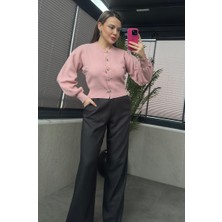 Mir Store Pembe Balon Kollu Çiçek Düğme Detaylı Kısa Hırka