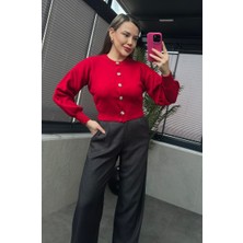 Mir Store Kırmızı Balon Kollu Çiçek Düğme Detaylı Kısa Hırka