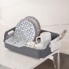 Sevimle Store AKL-060 Gri Lüks Tabaklık Bulaşıklık-Yönlendirilebilir Su Akıtma Kanallı Bulaşık Sepeti-Kaşıklıklı