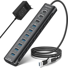 Sevimle Store C 3.2 Hub Aktif Güç Kaynaklı (60W 12/5A), Rshtech 11 Port USB C 3.1 Gen2 Hub 20W Pd, 3 x 10GBPS USB 3.2 (2 x Tip C, 1 x Tip A), 7 * 5gbps USB 3.0, 2'si 1 Arada Kablo, Alüminyum USB Dağıtıcı,