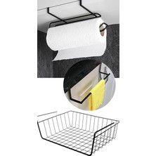 Sevimle Store Paslanmaz Çelik 3'lü Lüks Mutfak Seti, Kanguru Raf + Havlu Kağıtlık + Mutfak Bez Askısı, Siyah