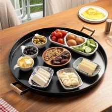 Sevimle Store Metal 51CM Ahşap Kulplu Siyah Metal Tepsi Yuvarlak Çay Tepsisi Sunum Tepsisi Tahta Kulplu Büyük Tepsi LN1305S