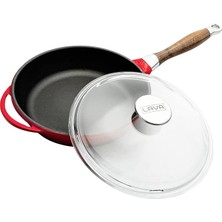 Sevimle Store Metal Cam Kapaklı Ahşap Kulplu Yuvarlak Kızartma Tavası, 24 Cm, Kırımızı