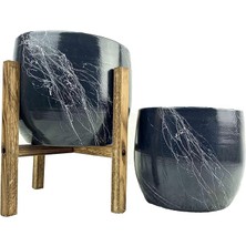 Sevimle Store Tasarımı Ev Dekorasyon Aksesuar Gri Üzeri Beyaz Mermer Efektli Toprak Saksı Saksılık Salon Çiçeklik Ikili Set Ayaksız - 4 Ayaklı- 19 cm