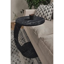 Sevimle Store Tekerlekli C Sehpa Koltuk Sehpası Yan Sehpa Zigon Sehpa Servis Sehpası - Siyah Mermer Desen