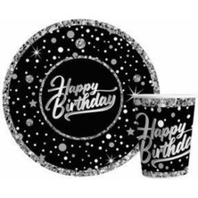 MerveliSait Gümüş Renk Happy Birthday Yazılı Siyah Tabak Bardak 16 Prç