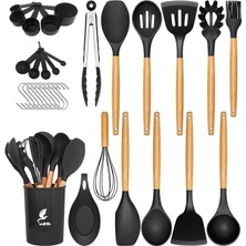 Sevimle Store Mikla Isıya Dayanıklı Yanmaz Yapışmaz 33 Parça Silikon Spatula Mutfak Seti Siyah