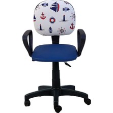 Sevimle Store Gemici Desenli Ofis Büro Sekreter Koltuğu Çapalı Kumaş Döşeme Ayarlı Sandalye Çocuk Odası Ders Sanda (Mavi)