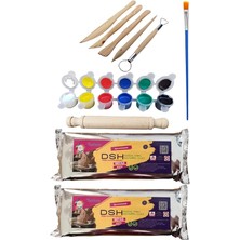 Sevimle Store Doğal Seramik Hamuru 2li Seramik Başlangıç Seti 7-5li Ahşap Ebeşuar, 2ADET 1000 gr Kil Hamuru, 6'lı Boya, Fırça, Merdane Beyaz