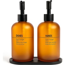 Sevimle Store Bulaşık Deterjanlık ve Sabunluk Seti Bambu Tepsili Şık Ikili Set Siyah Beyaz Modern Tasarım Kompozit Malzemeli Mutfak Tezgah Üstü Organizer (Amber Vintage)