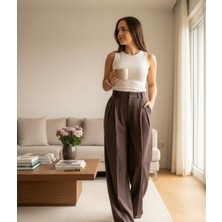 Strength Wear Düğme Detay Kahverengi Pileli Poliviskon Premium  Palazzo Pantolon