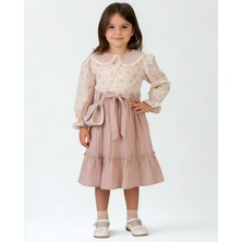 Gvn Müslin Kumaş Çantalı Çiçekli Model 2-5 Yaş Çocuk Elbisesi Pudra Renk %100 Pamuk