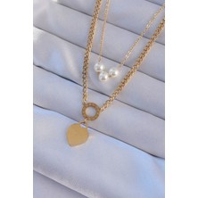 Ayder Timya 316L Çelik Gold Renk Çift Zincir İnci Detayı Love Kalp Kolye (Timya/1395) 190700