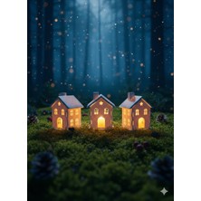 Kaan3D Minimal 3 Lü Ev Set-Sevimli Ufak Işıklı Evler-Al Kendin Kur