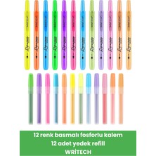 12 Renk Basmalı Fosforlu Kalem 12 Adet Yedek Refill Writech