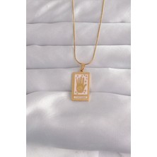 Ayder Timya 316L Çelik Gold Renk Pembe Mineli El Figür Tarot Kolye (Timya/1395) 190901