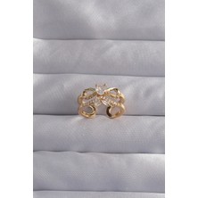 Ayder Timya Pirinç Ayarlamalı Gold Renk Zirkon Taşlı 2li Görünüm Fiyonk Yüzük (Timya/1395) 190893