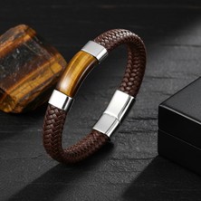 Hg.Aksesuar Erkek Deri Kaplan Gözü Taşlı Çelik Bileklik