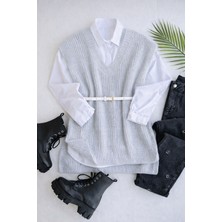 Yuga Knitting Selanik Örgü V Yaka Uzun Kadın Süveteri