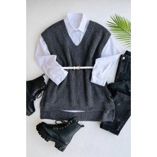 Yuga Knitting Selanik Örgü V Yaka Uzun Kadın Süveteri